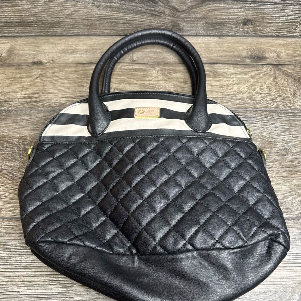 Betsey Johnson Luv Bag Handbag Satchel Checkered Heart Quilted Pleather Black